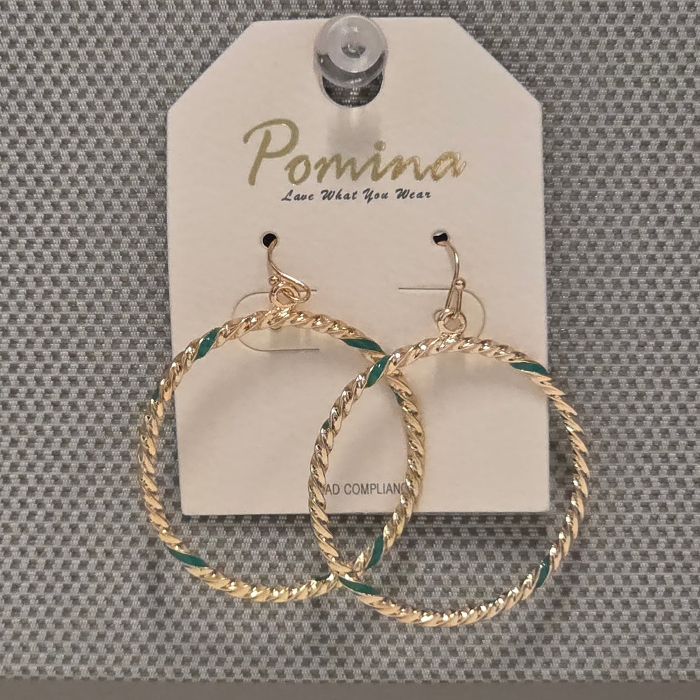 NEW Pomina Gold Tone Twist Hoop Earrings Teal Enamel Accent GE4877